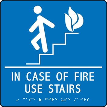 Accuform 9x9 Acrylic In Case Of Fire Use Stairs ADA Braille Sign Blue