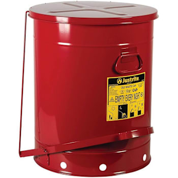 Justrite 21 Gallon Oily Waste Can Hands-Free Self-Closing Cover Red