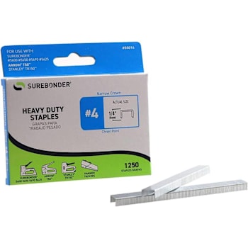 Surebonder #4 Heavy Duty Narrow Crown Staples, 1/4", 1250 Per Box, 5 Boxes