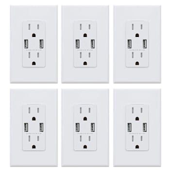 National Brand 4a Dual Type A USB With 15a Duplex Outlet, White, Package Of 6