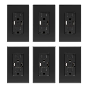 Elegrp 4a Dual Type A USB With 15a Duplex Outlet, Black, Package Of 6