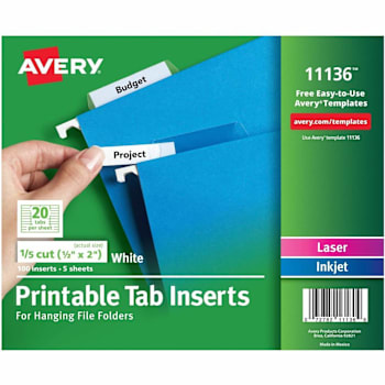 Avery® Printable Tab Inserts For Hanging File Folders Package Of 100