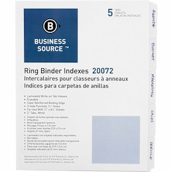 Business Source 3-Ring 5-Tab Erasable Tab Indexes Package Of 5