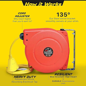 Reelworks Retractable Extension Cord Reel, 3 Grounded Outlets, 12/3, 15 Amp, 40'