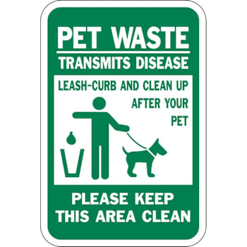 Hy-Ko Pet Waste Transmits Disease Sign 12x18" Non-Reflective Aluminum