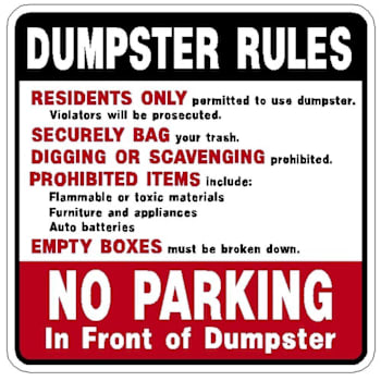 Hy-Ko Dumpster Rules Sign 24x24" Reflective Aluminum