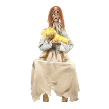Haunted Hill Farm 3.8' Sitting Animated Creepy Woman Holding Doll Animatronic