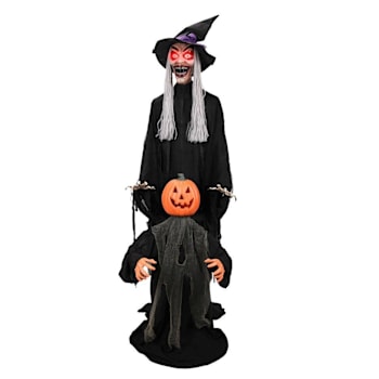 Haunted Hill Farm 6' Standing Animated Witch With Pumpkin Man Animatronic