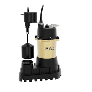 K2 1/3 Hp Submersible Sump Pump, Non-Clog Vortex Impeller