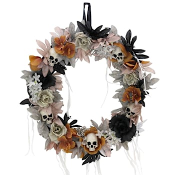 Haunted Hill Farm 22" Gothic Skull Wreath With Multicolor Flowers