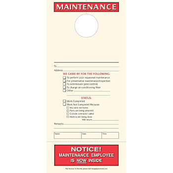 Hy-Ko Door Maintenance Tag With Stub 4.25 X 9" Package of 100
