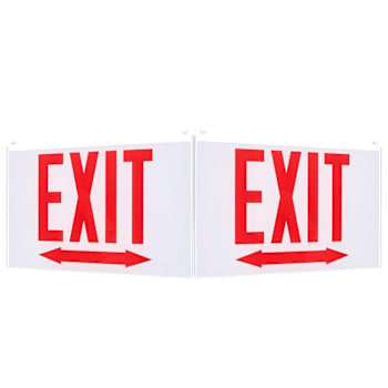 Satco Edge Lit Exit Sign Double-Sided, White Single-Face, Red EXIT, Double Arrow