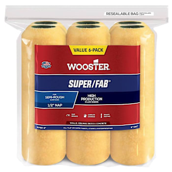 Wooster 9" Super/Fab 1/2" Nap Roller Cover, Package Of 6