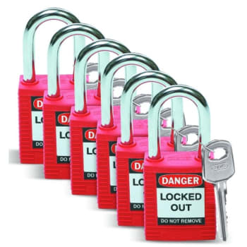 Brady Safety Padlock Steel Shackle Clearance1.5,Red Keyed Different,Package Of 6
