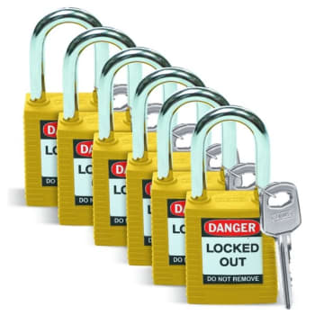 Brady Safety Padlock Nylon Shackle Clearance 1.5,Yellow Keyed Alike,Package Of 6