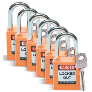 Brady Safety Nylon Padlock With 1.5 Shackle Clearance, Orange Keyed Differently, Package Of 6