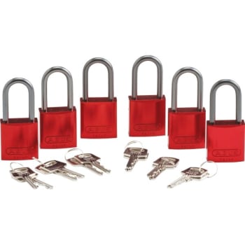 Brady Aluminum Padlock Shackle Clearance 1.5, Red Keyed Different, Package Of 6