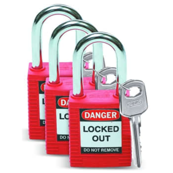 Brady Safety Padlock Nylon Shackle Clearance 1.5 Red Keyed Alike , Package Of 3