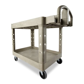 Rubbermaid Commercial BRUTE Heavy-Duty Utility Cart With Lipped Shelves, Ergo Handle, Medium, 500 Lb. Capacity, Beige