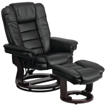Flash Furniture Contemporary Black Leather Recliner And Ottoman Swivel Mahogany Wood Base