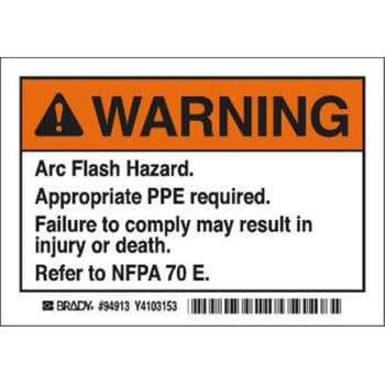 Image for Brady® "WARNING" Arc Flash Hazard 3.5" H x 5" W Black/Orange/White, Package Of 5 from HD Supply