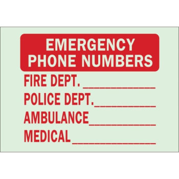 Image for Brady® 10 x 14" Glow In The Dark Self Sticking Emergency Phone Numbers Sign from HD Supply
