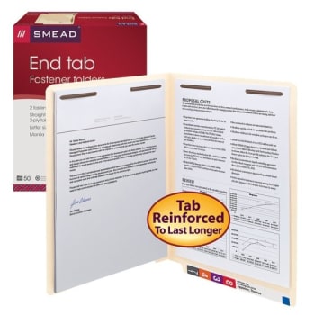 SMEAD® Manila End Tab Folder With Fastener And 2-Ply Tabs, Package Of 50