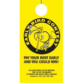 Early Bird Contest Rent Drawing Hang Tag, 4-1/4 X 8-1/2 Package Of 100