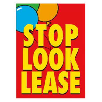 Coroplast Stop! Look! Lease! Vertical Amenity Sign, Red/Balloons, 18 x 24"