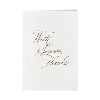 "With Sincere Thanks.." Thank You Notes - Personal Stationery, Gold Raised Printing, Blank Inside, Package Of 50