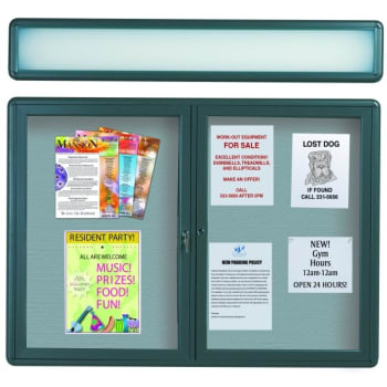 Image for Enclosed Double Door Radius Design Bulletin Board, Wall Mount, Green, 47 X 34" from HD Supply