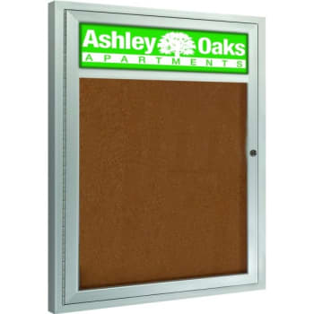Enclosed Single Door Outdoor Bulletin Board, Custom Header & Light, 24 X 36"