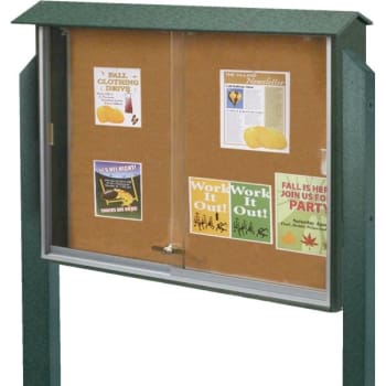 Enclosed Sliding Door Corkboard, Post Mount, Green, 45" x 3'