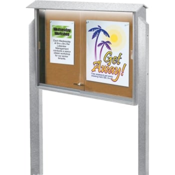 Image for Enclosed Sliding Door Corkboard, Lighted Post Mount, Gray, 45" x 3'6" from HD Supply