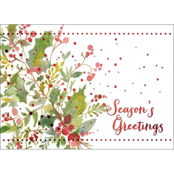 Premium Holiday Card, "painted Holly" Design With Foil Imprint, Package Of 50