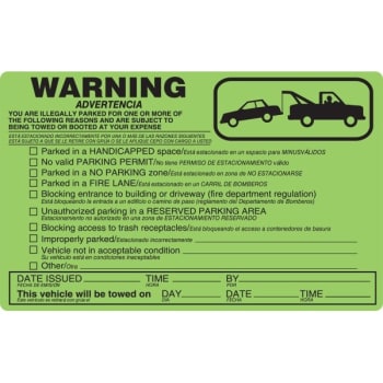 Image for Parking Violation Sticker Warning Tow, Bilingual, Green, 8 X 5", Package Of 100 from HD Supply