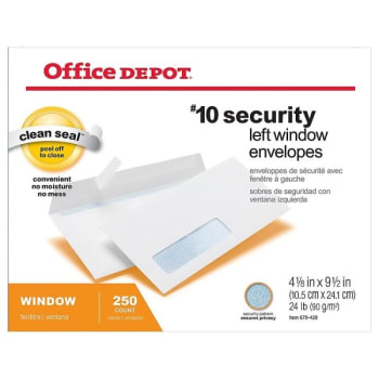 Office Depot® White Security Window Envelope 4-1/8 x 9-1/2Inch, Package Of 250