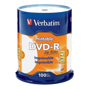 Verbatim® Life Series DVD-R Printable Disc Spindle, Package Of 100