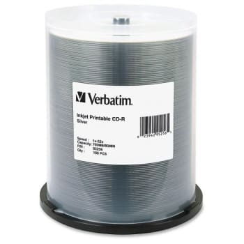 Verbatim® Silver Inkjet-Printable CD-R Disc Spindle, Package Of 100