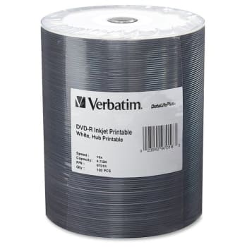Image for Verbatim® White DVD-R Printable Disc Spindle, Package Of 100 from HD Supply