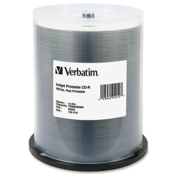 Verbatim® 700 Mb White Cd-R Printable Disc Spindle, Package Of 100