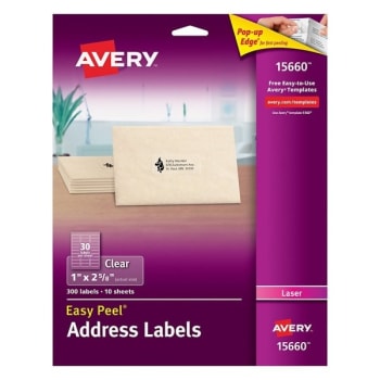Avery® Easy Peel Clear Permanent Laser Address Label 1 x 2-5/8 Inch Pack Of 300