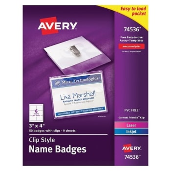 Image for Avery® Garment Friendly White Rectangular Clip Style Name Badge, Package Of 50 from HD Supply