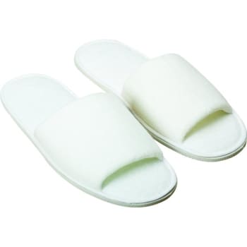 Polyester Terry Slippers, Open Toe, Adult Size, White, Package Of 10 Pair