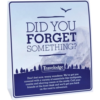 Image for Travelodge by Wyndham® Forget Something Tent Card, Case Of 100 from HD Supply