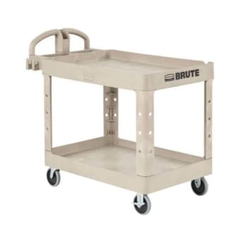 BRUTE Heavy-Duty Utility Cart With Lipped Shelves, Plastic, 2 Shelves, 500 Lb Capacity, 25.9" X 45.2" X 32.2", Beige