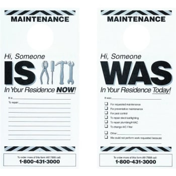 Hy-Ko Maintenance Door Hang Tag, Was/is In Your Residence, 4 X 7", Package Of 50