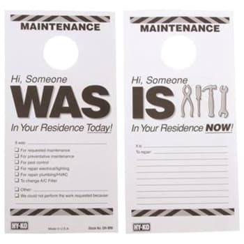 Hy-Ko Maintenance Door Hang Tag, Was/is In Your Residence, 4 X 7", Package Of 50