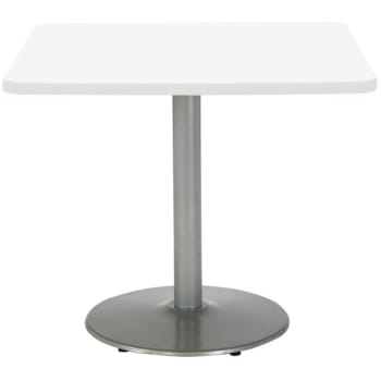 KFI 30" Square Pedestal Table With Designer White Top, Round Silver Base