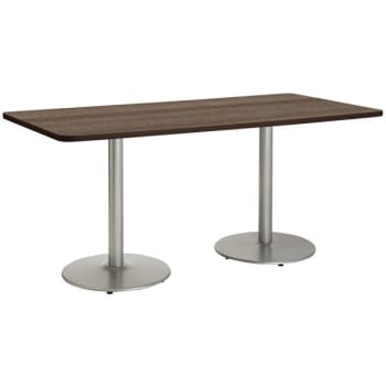 Image for Kfi 36" X 72" Pedestal Table With Studio Teak Top, Brown Edge, Round Silver Ba from HD Supply